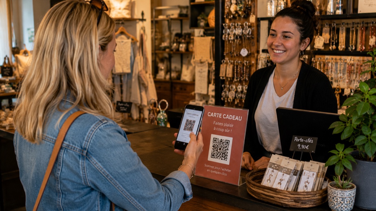 Une cliente scanne le QR code d'une carte cadeau posée sur le comptoir d'une boutique