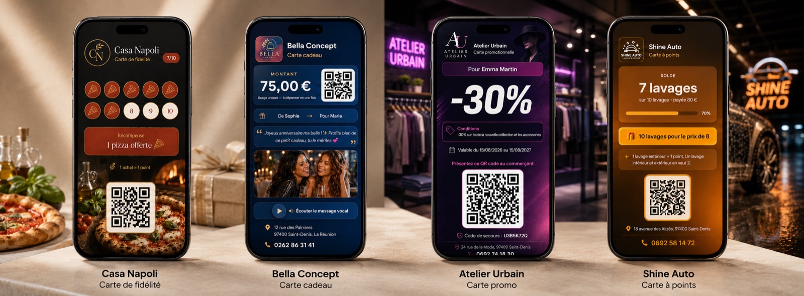 Quatre téléphones montrant une carte de fidélité, une carte cadeau, une carte promo et une carte à points Winacard, chacune avec son QR code