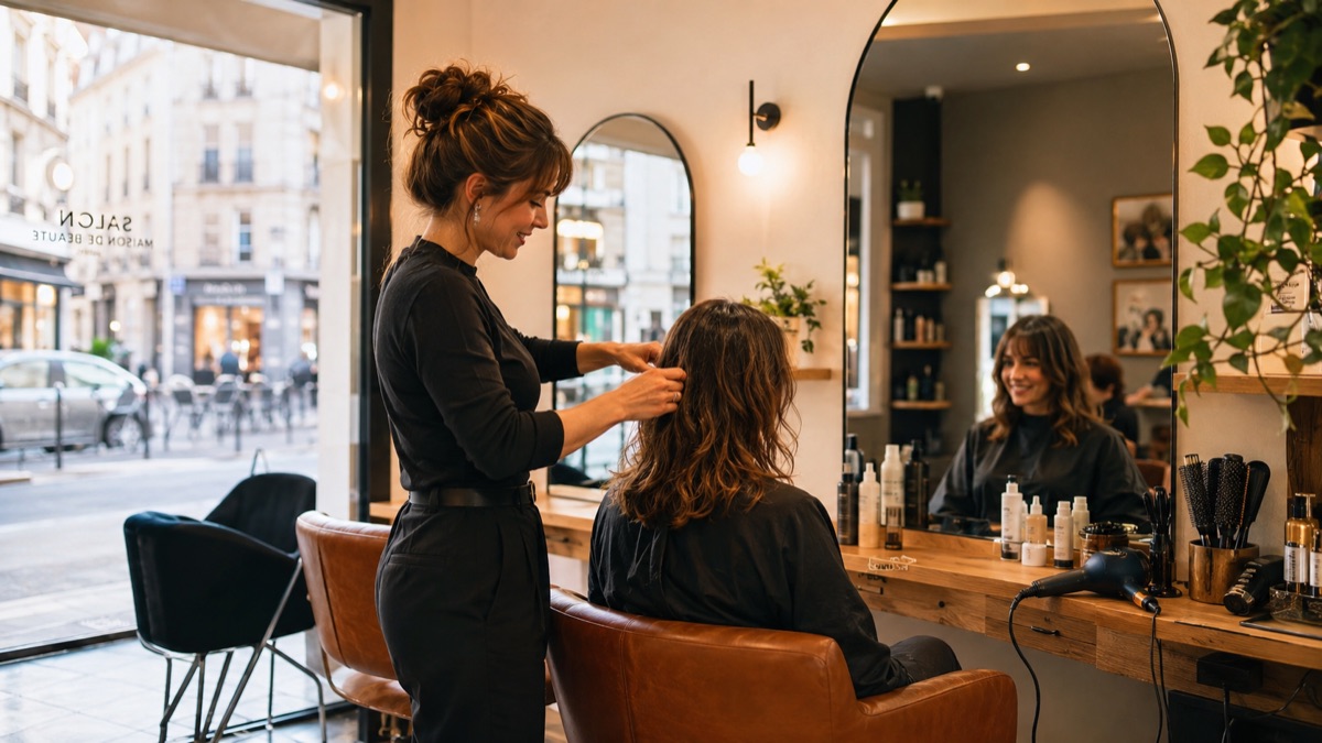 Une coiffeuse coiffe une cliente dans son salon
