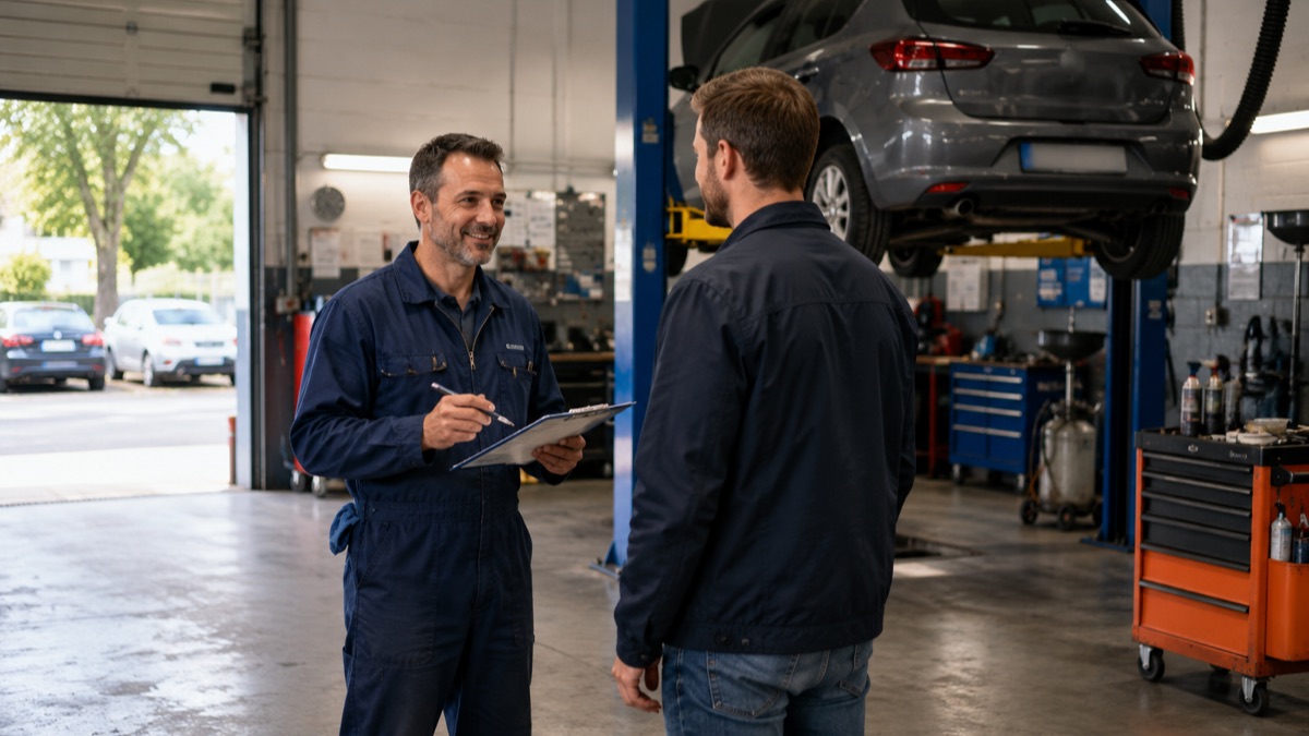 Un mécanicien accueille un client dans l'atelier de son garage