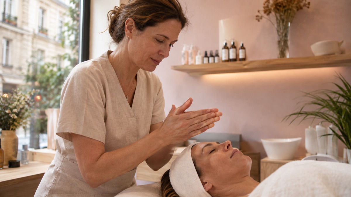 Une esthéticienne prépare un soin du visage dans son institut