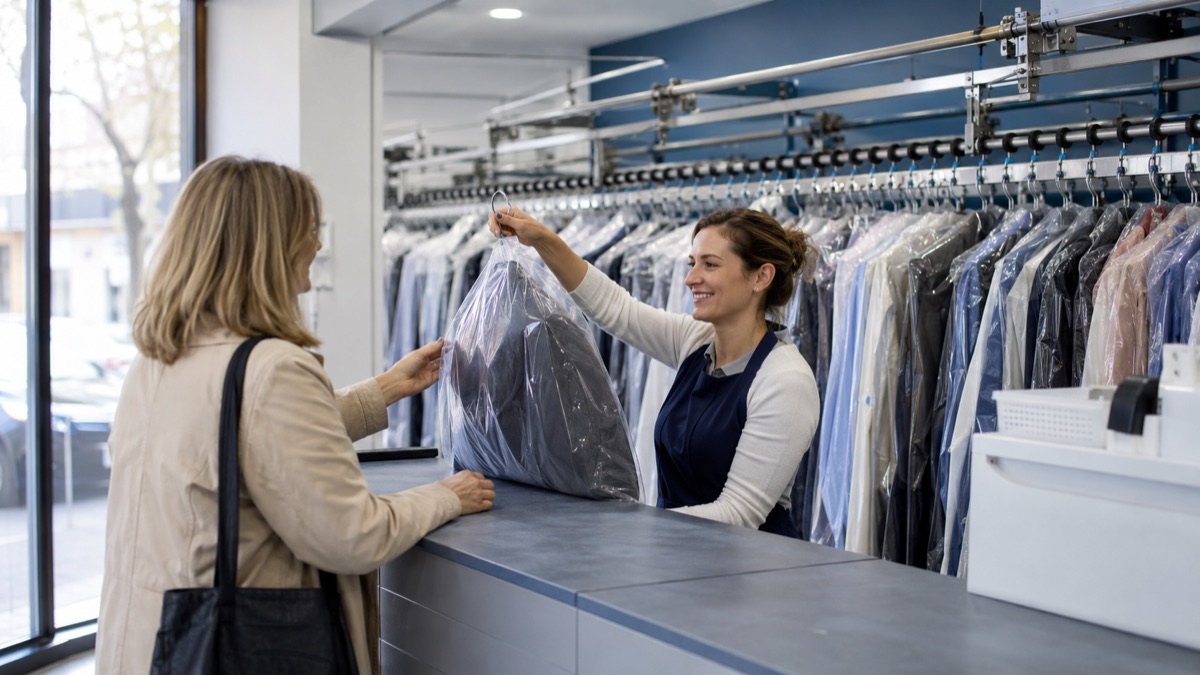 Une employée de pressing rend une housse de vêtements à un client