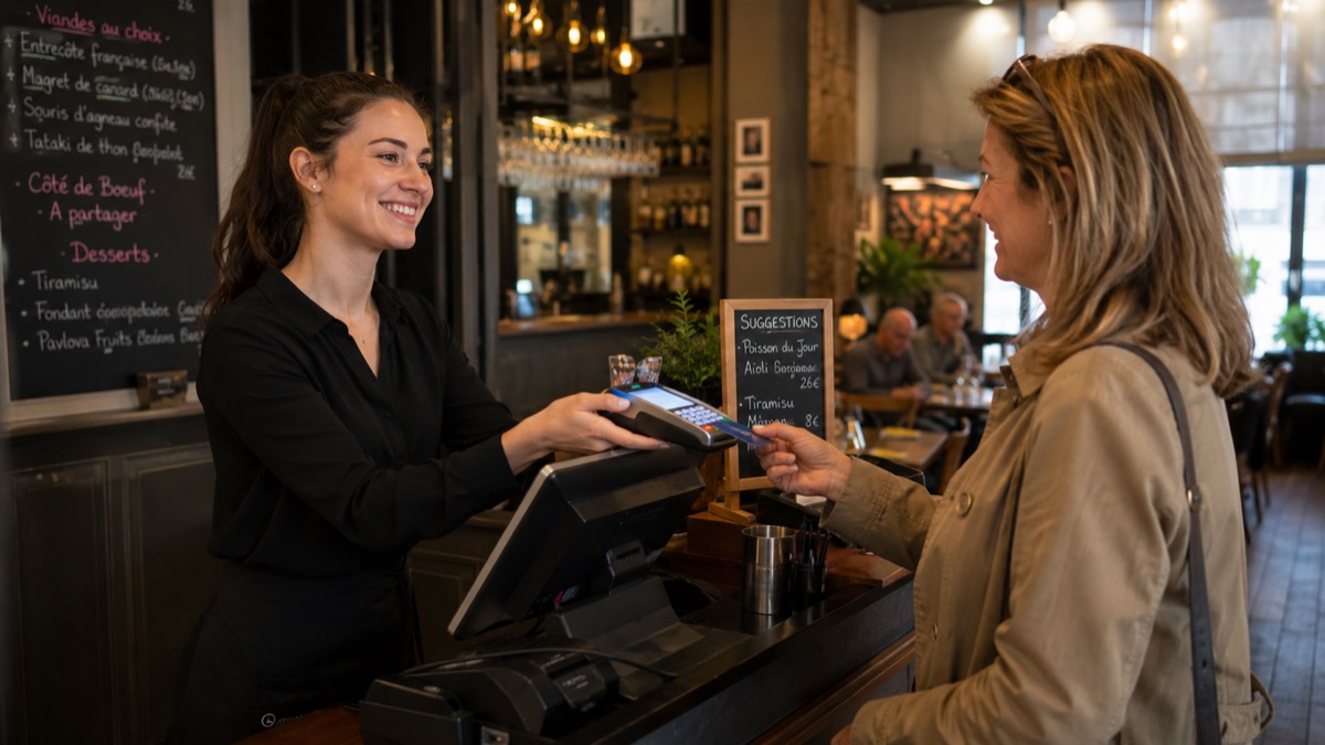 Une serveuse encaisse une cliente au comptoir d'un restaurant