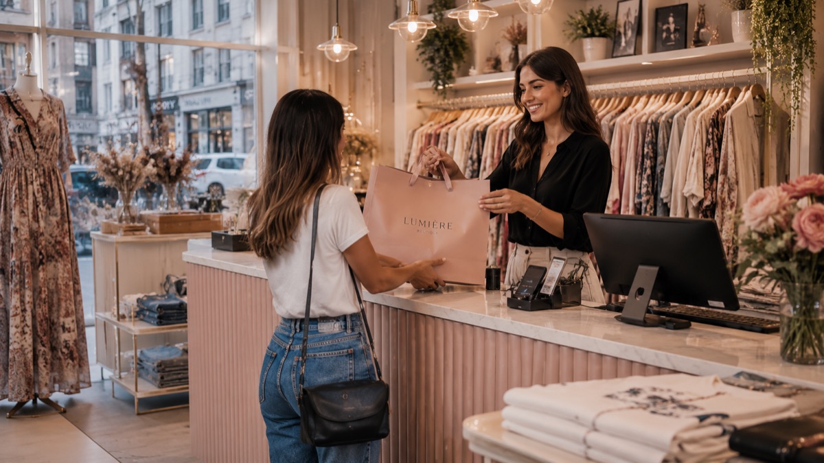 Une vendeuse remet un sac à une cliente dans une boutique de prêt-à-porter